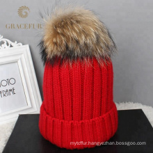 Wholesale Customized kid child beanie Mom and baby matching knitted real raccoon fur pom pom hat winter